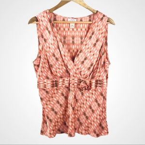 Ann Taylor LOFT Silk Top Size 16 Pink Brown Geometric Sleeveless Blouse